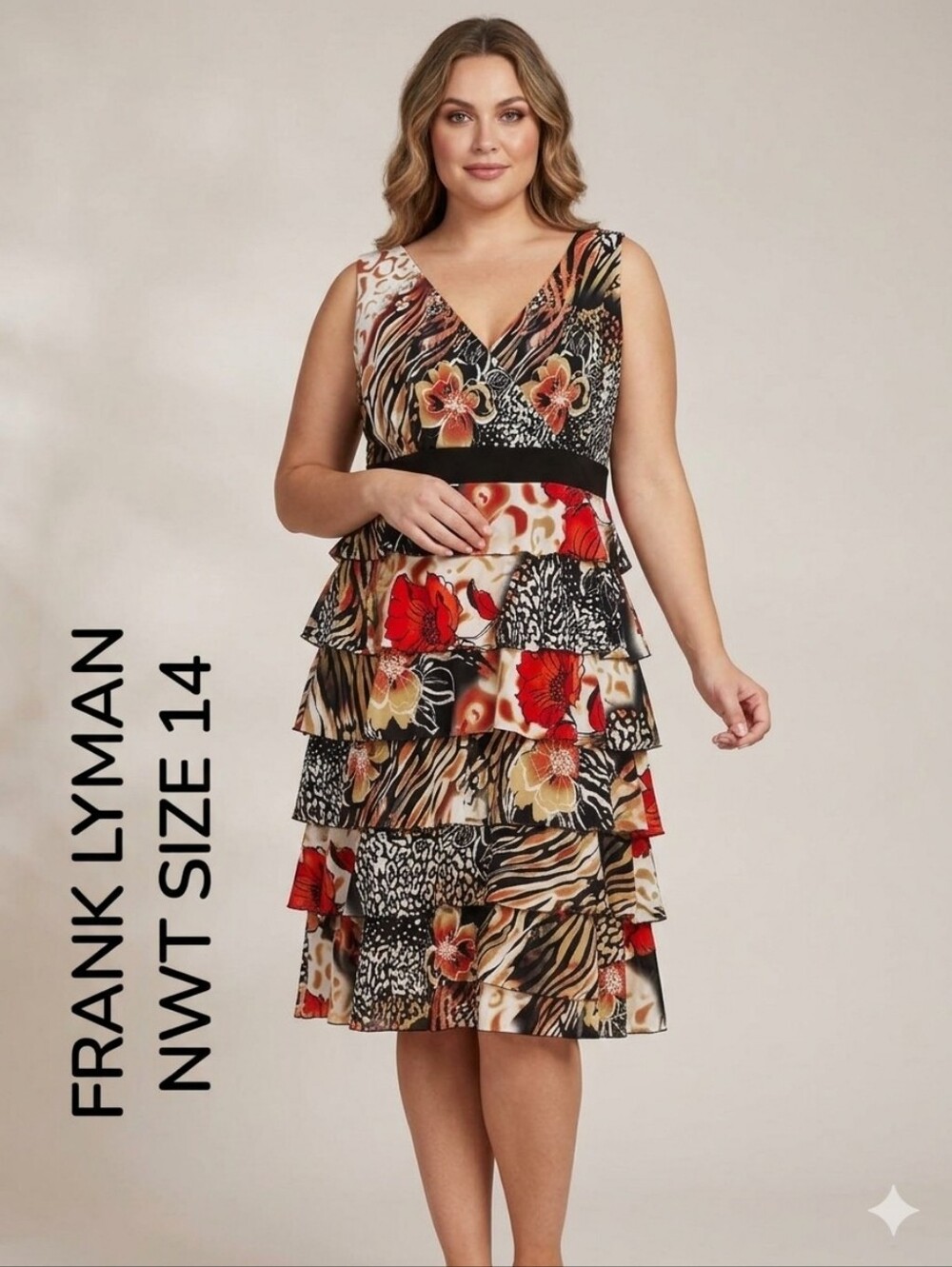 Frank Lyman Design Mixed-Print Multi-Tiered Sleeveless Dress (NWT) Size 14